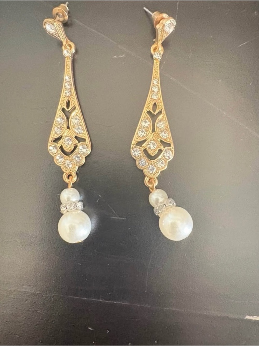 Gold-Tone Pearl Drop Earrings with Crystal Accents